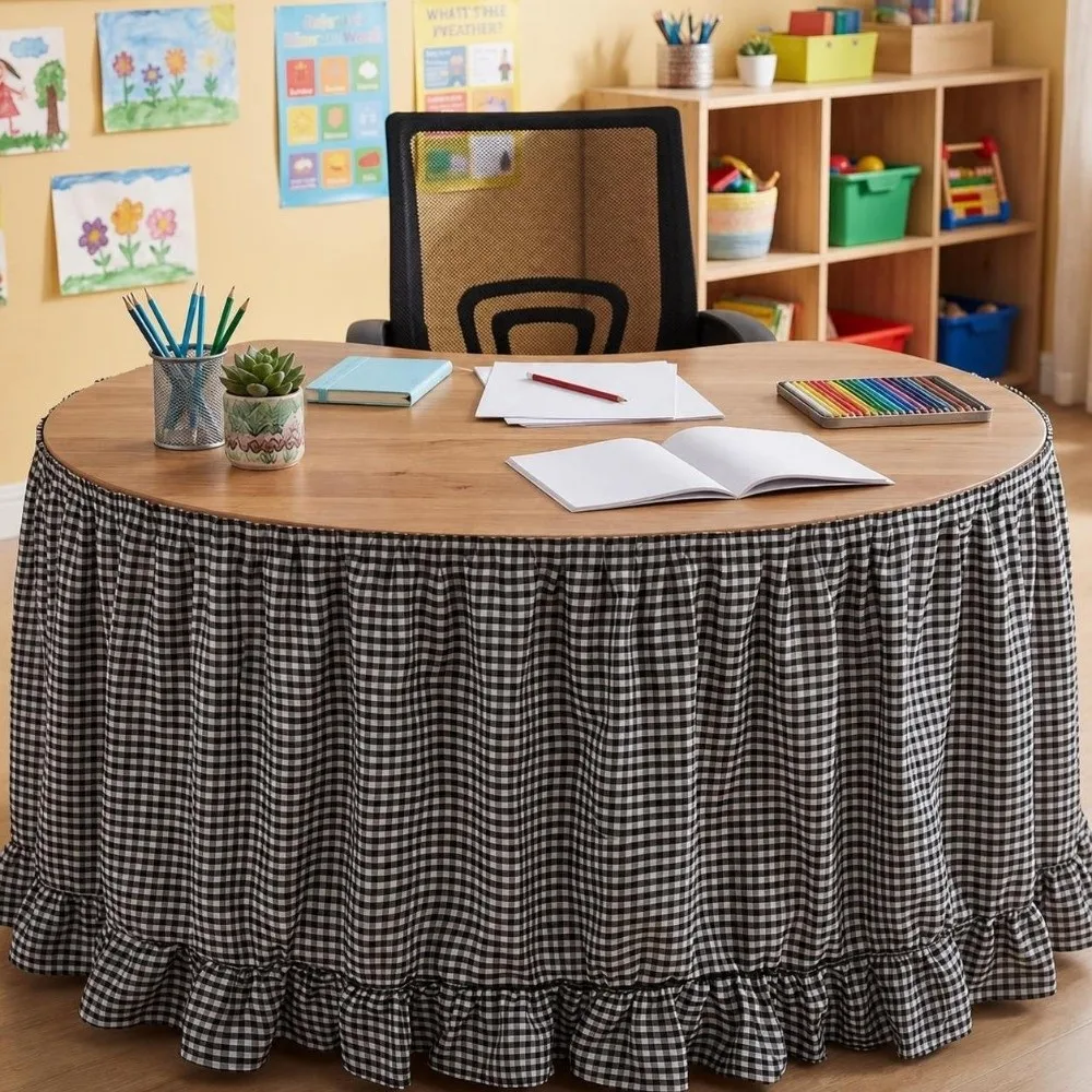 Rural Ruffled Edge Gingham Table Skirt Hook and Loop One-Piece Table Wrap Washable 72in Teacher Desk Skirt Hotel