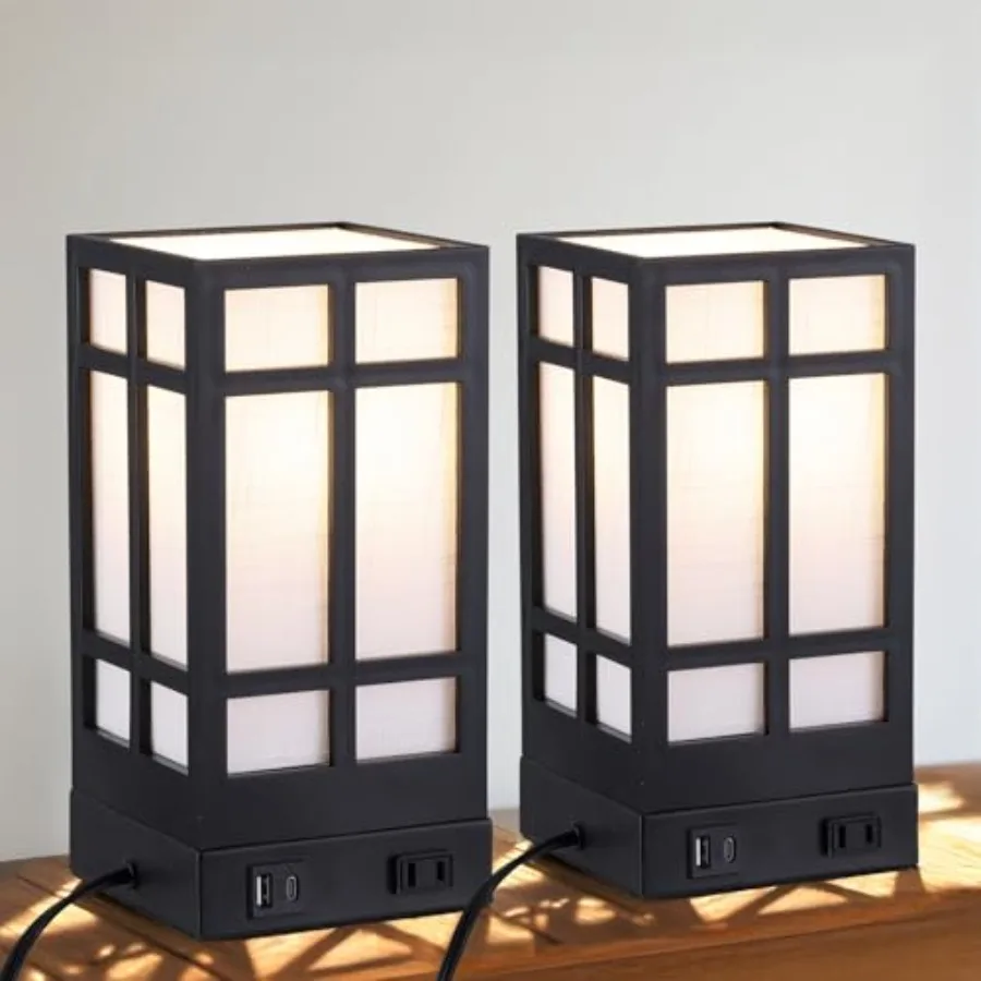 

Beside Table Lamp set of 2 with AC Outlet, USB A and C Charging Port, Small Rectangular Nightstand Lamp with Bamboo Linen Shade