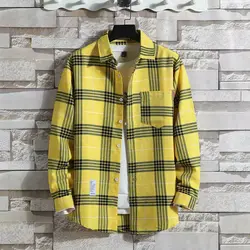 Men's Clothing Long Sleeve Button Spring Autumn Turn-down Collar Contrast Color Cardigan Plaid Shirt Casual England Style Tops