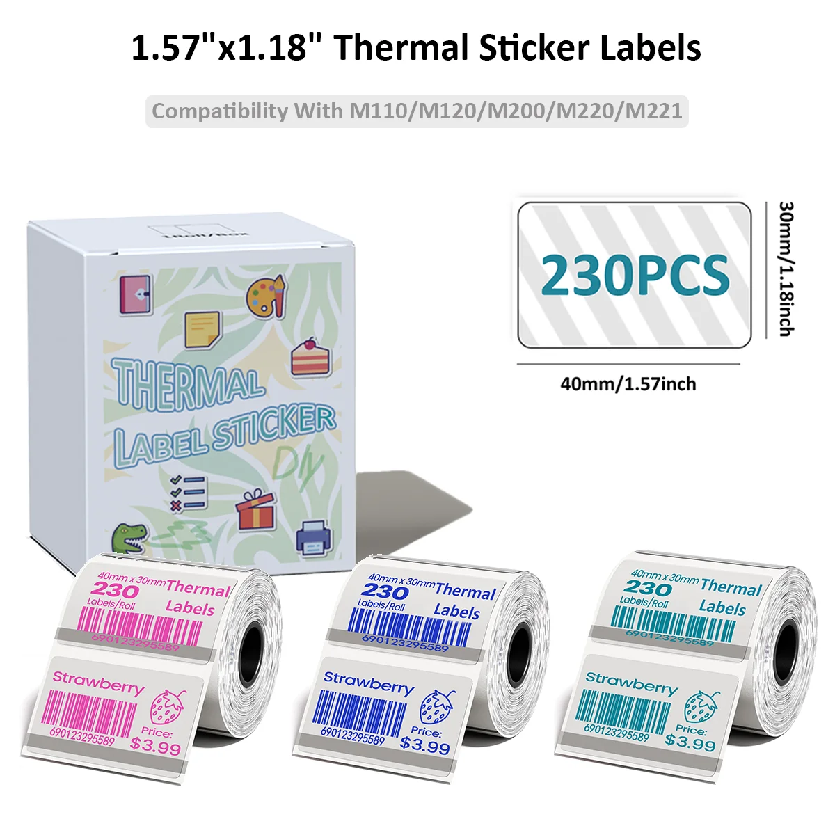 ملصقات حرارية شفافة M110 230 قطعة - 1.57 بوصة × 1.18 بوصة (40 × 30 مم) مقاومة للماء باللون الأخضر/الأزرق/الوردي مناسبة Phomemo M110/M100/M220 ملصق مكتب #2