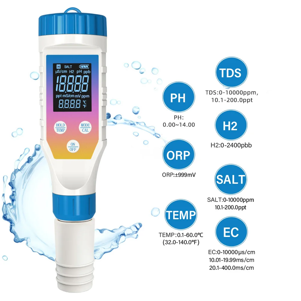 

Высокоточный тестер качества воды 7-в-1, многофункциональный измеритель pH/H2/ORP/TDS/EC/SALT/температуры воды для питьевой воды