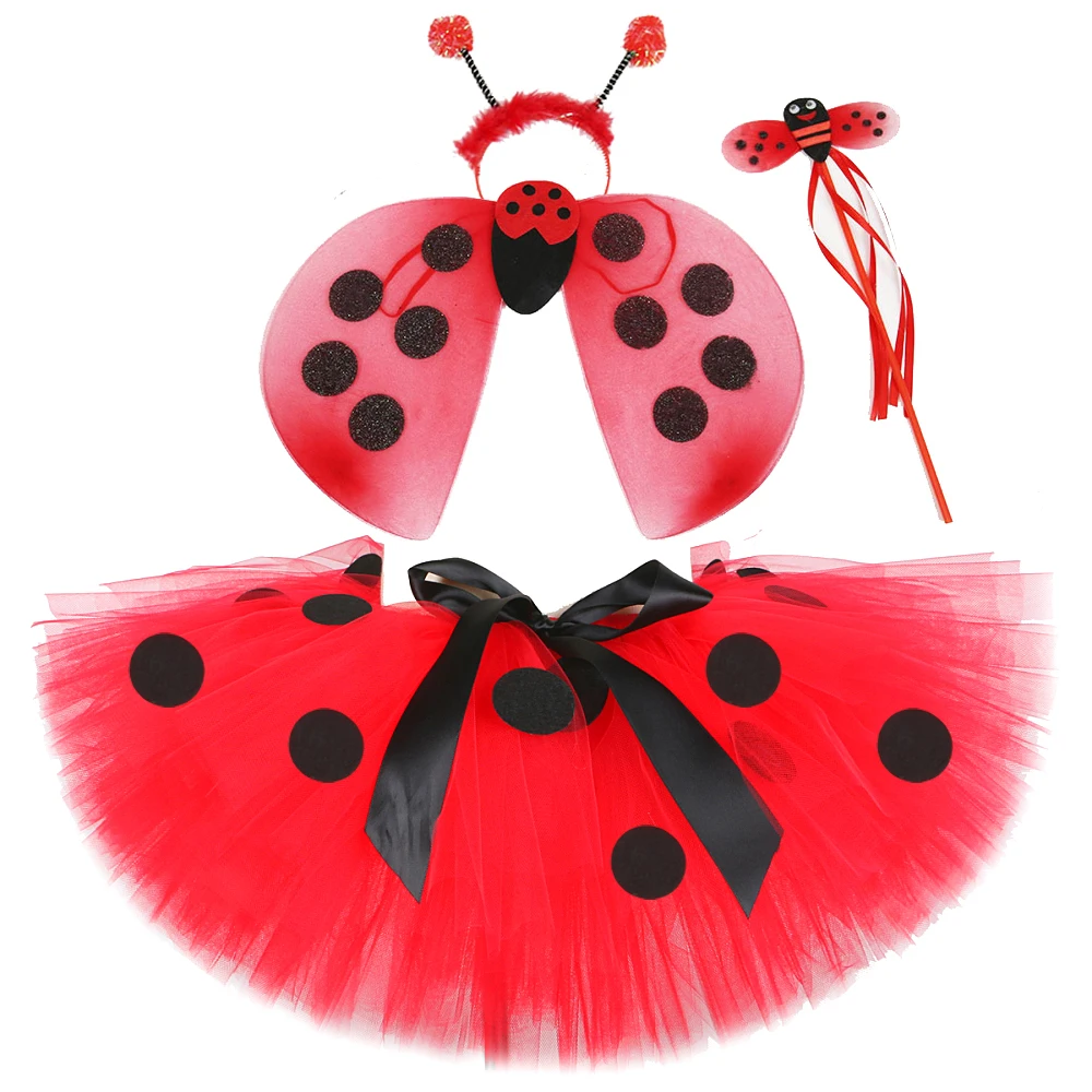 Baby Girls Lady Beetle Tutu Skirt for Kids Birthday Party Fairy Outfit Toddler Girl Christmas Halloween Costumes with Wings Set