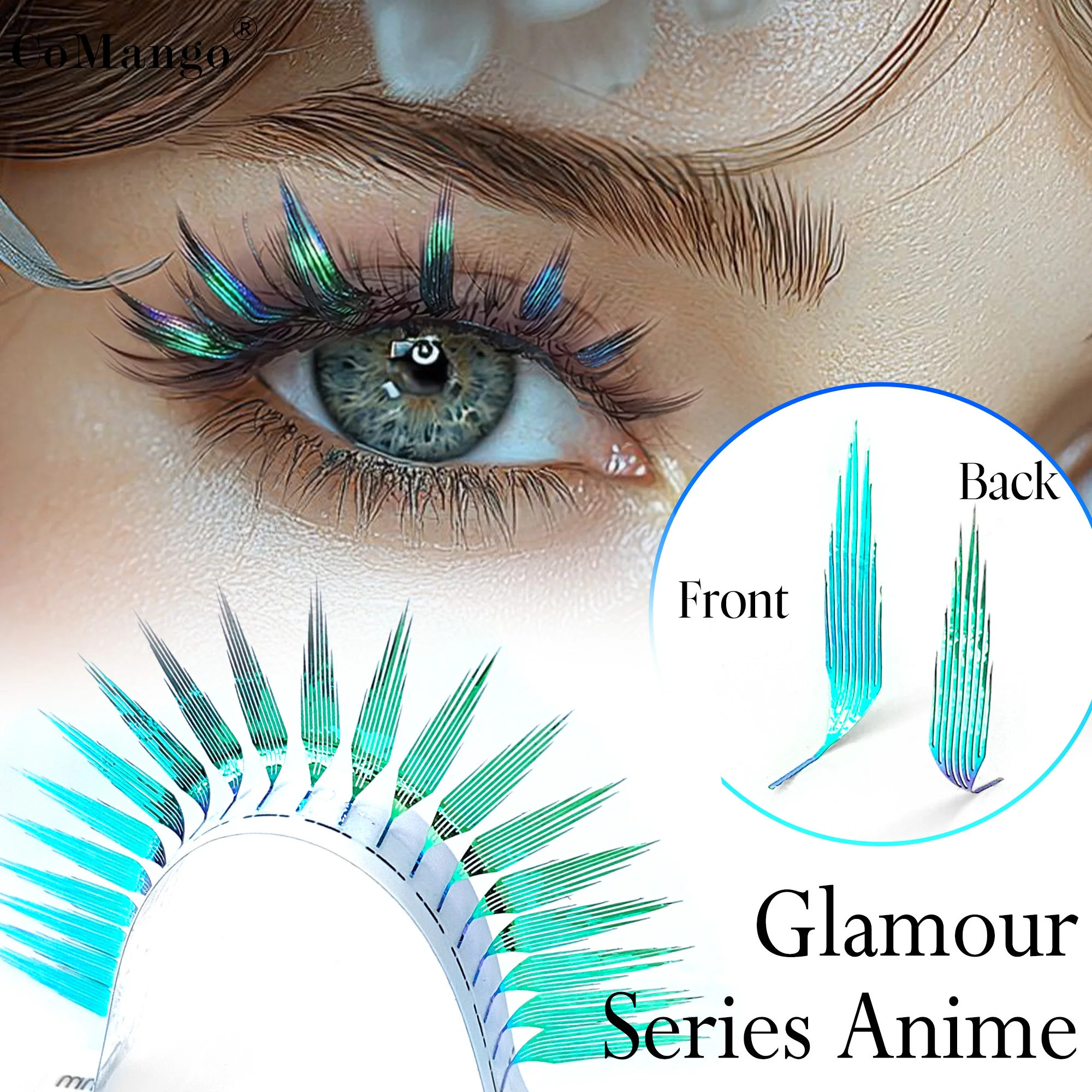 CoMango C/D/LU Aurora Glamouröse goldene/grüne Manga Spire Wimpernverlängerung 8–15 mm, glänzende, natürliche, komische falsche Wimpern für Partys