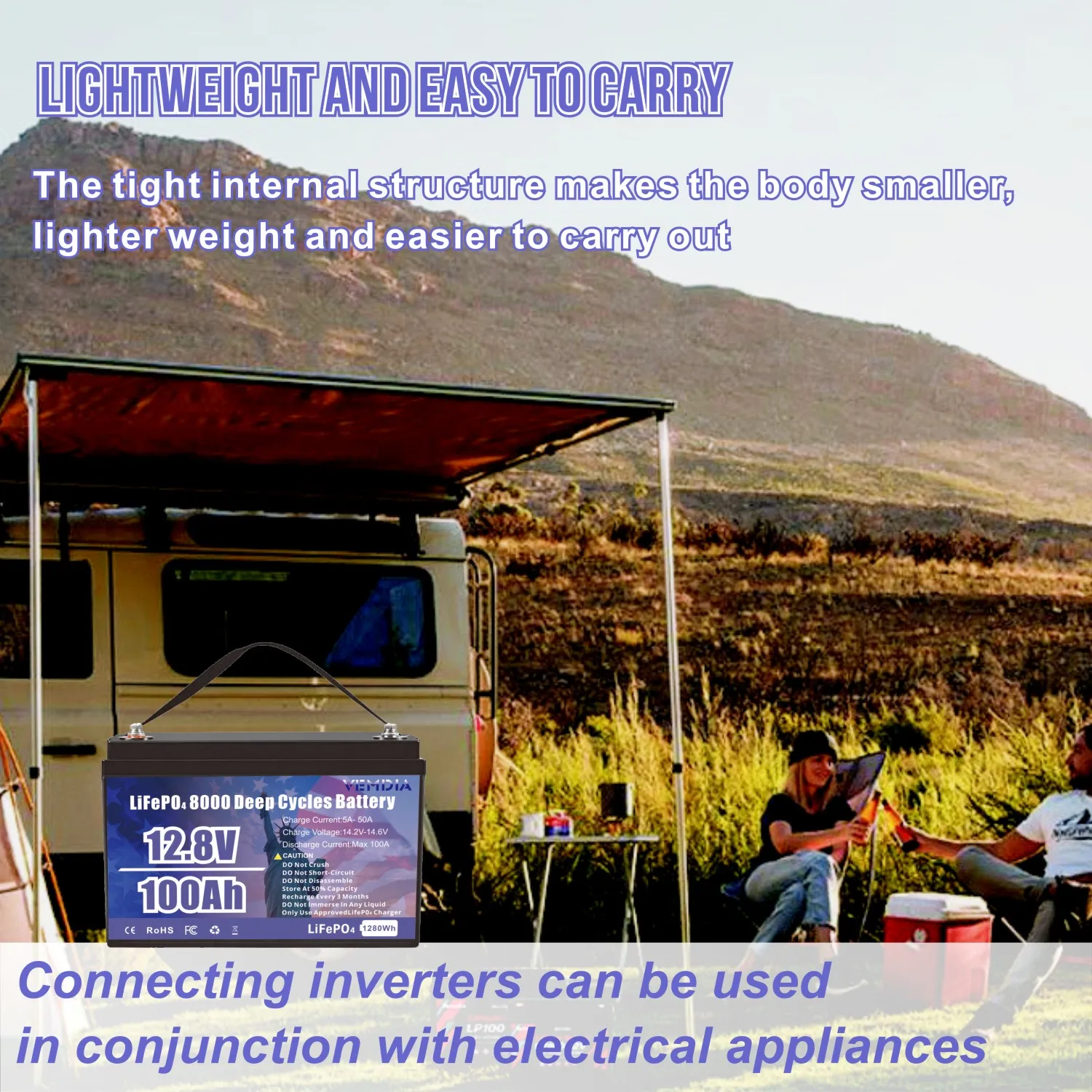 VEMDIA 12V 100Ah LiFePO4 Battery Built-in Intelligent BMS for RV Solar Marine Trolling  Motor  Backup Power