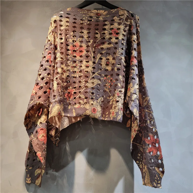 WTHT mode 2025 été femmes imprimer tricot évider pull ample Vintage à la mode manches longues col rond pull femme 1LS1796