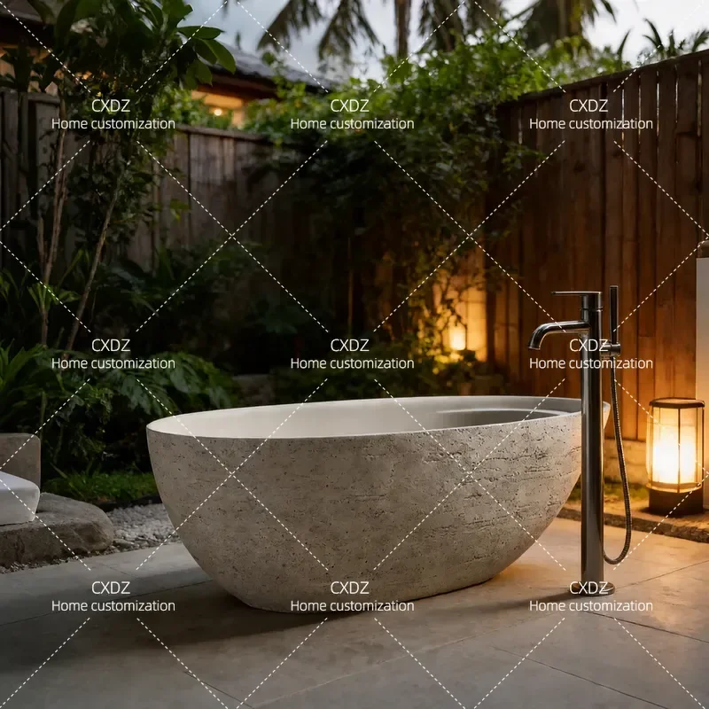 Natural Travertine Egg Shaped Freestanding Bathtub Modern Simple High End Bathroom Tub for Hotel Villa