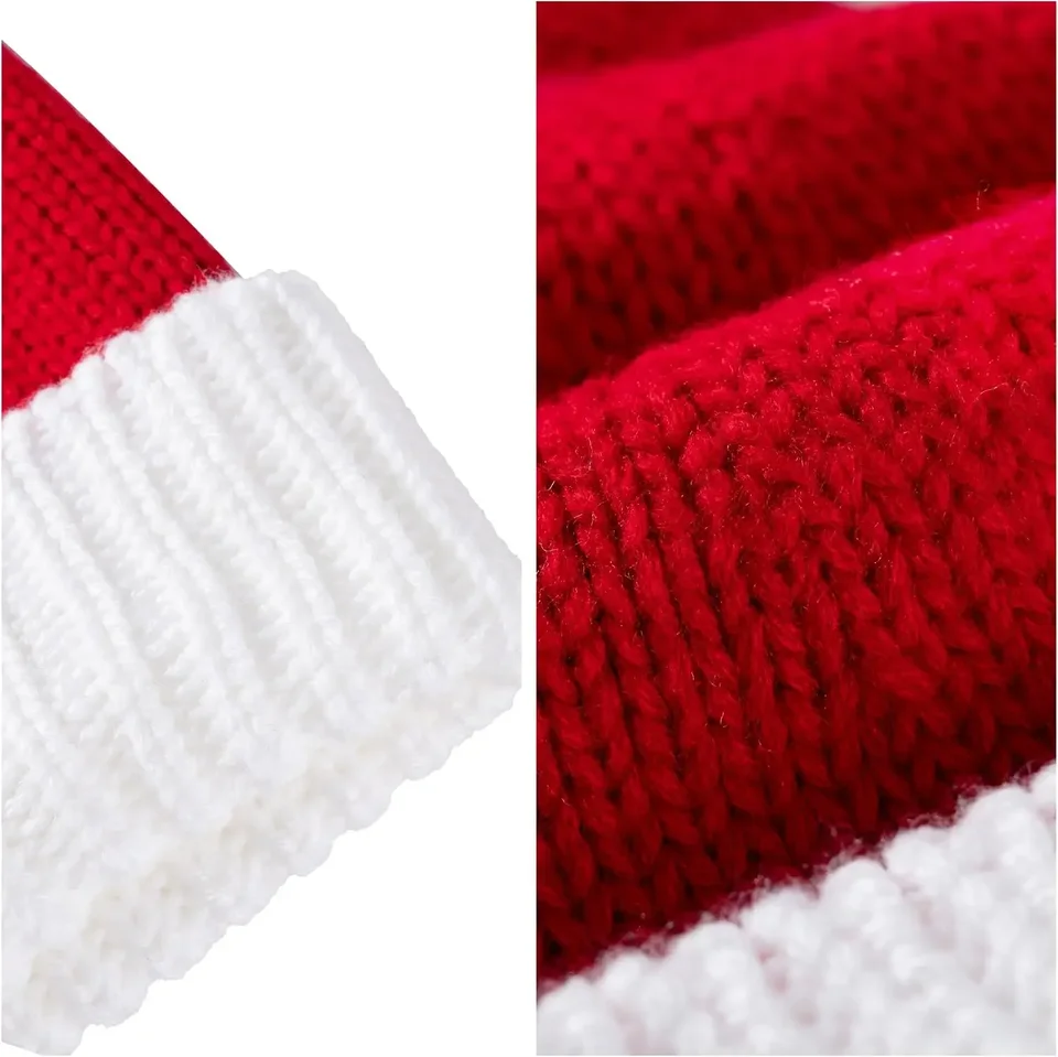 Giggling Getup Santa Hat with Pom Poms, Red Knitted Christmas Hat for Party Dress Up, image 5