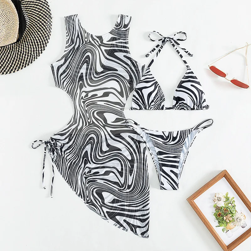 2026 Striped Print 3 Piece Bikini Set Women Push Up Tummy Control Two Piece Swimsuit with UPF Cover Up Swimwear Beach Skirt Sets