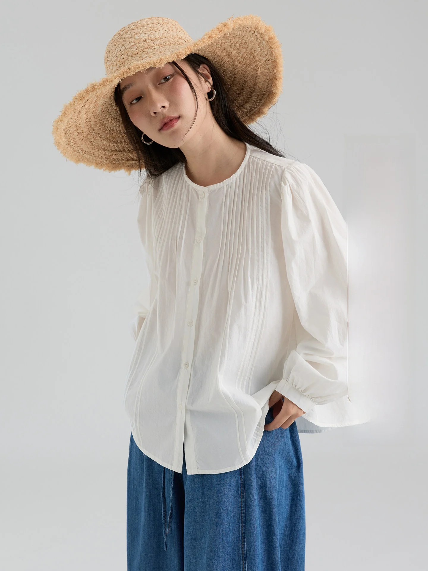 

Loose Fit Pure Cotton Long Sve Women's irt Dwind2026 Spring New Lantern Sve Pleated Korean Sle Casual Top