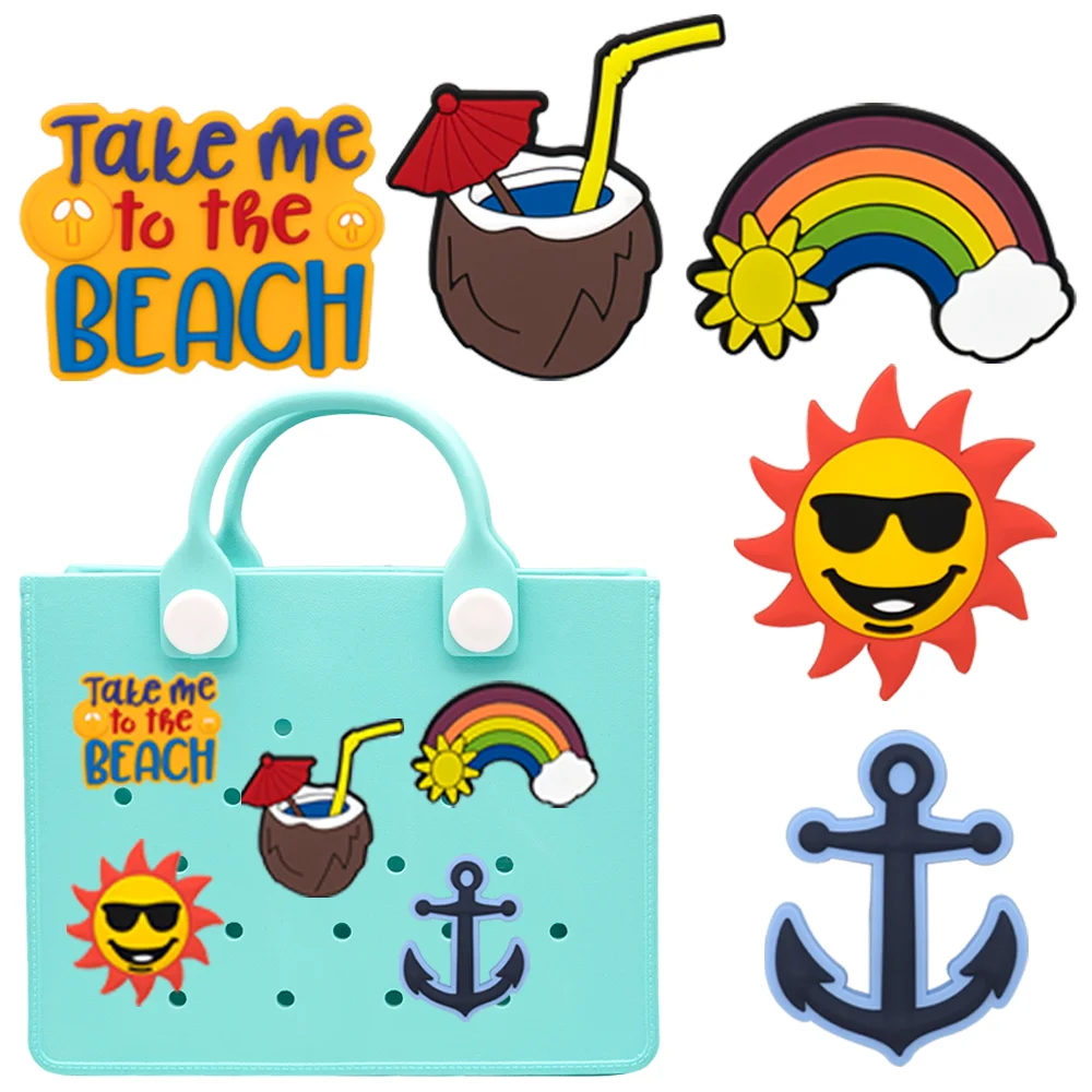 1/5PCS Rainbow Charms for Beach Bag Decoration,Cute Sun Coconut Decoration Handbag,Blue Boat Anchor Tote Bag Accessories Gift