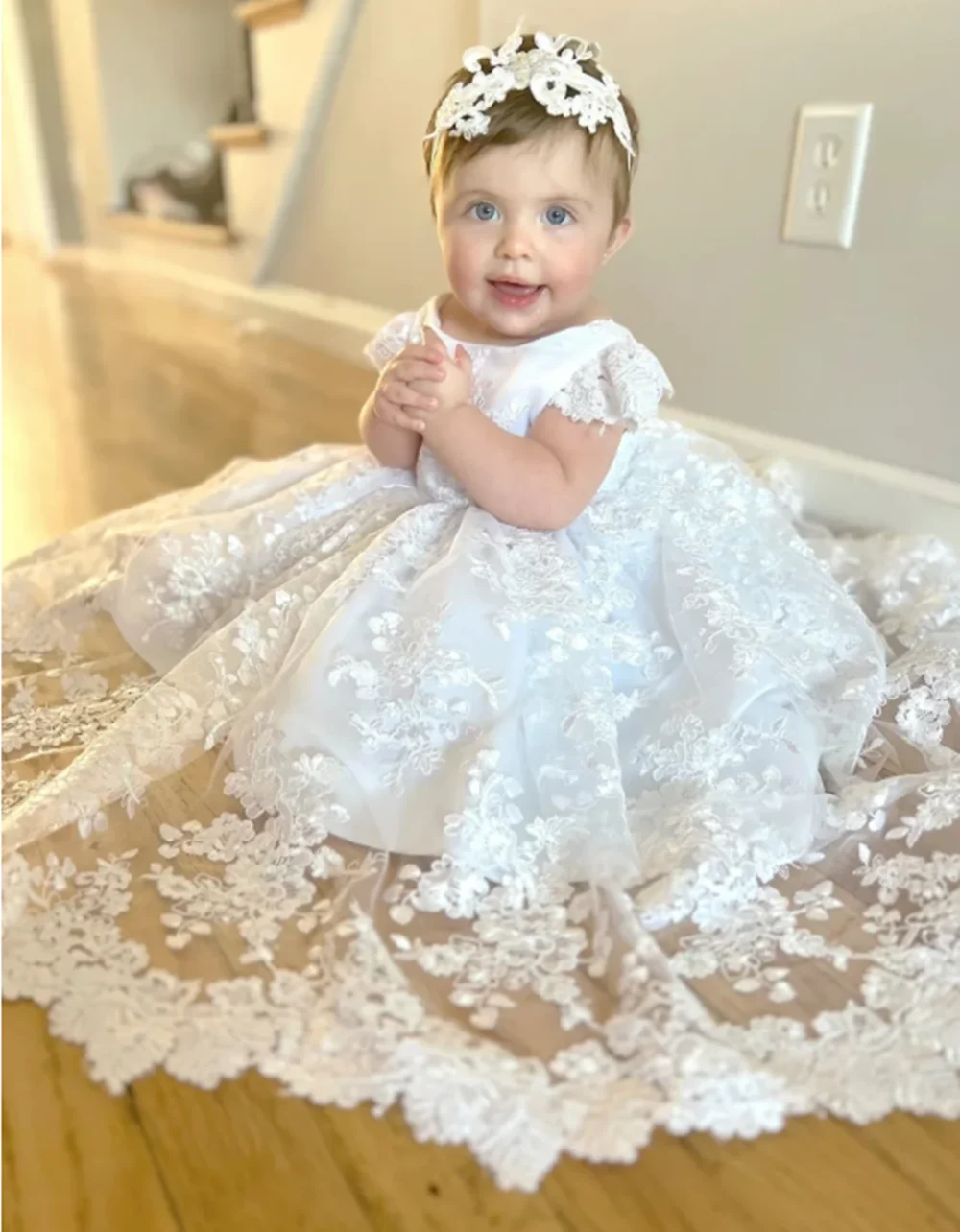 Flower Girl Dress Party Wedding Princess White Tulle Toddler Baby Girls Baptism Christening 1st Birthday Gown