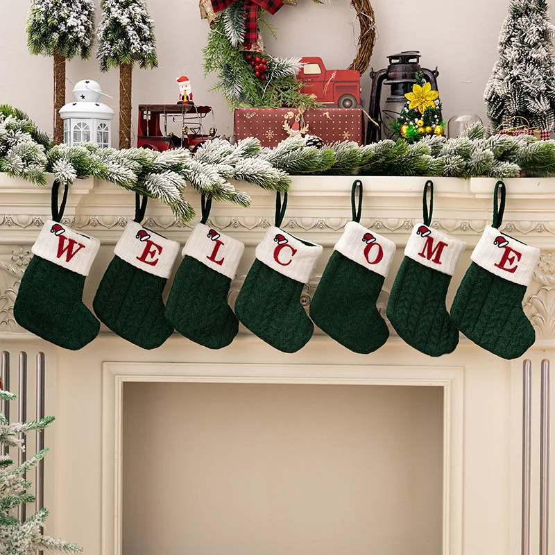 Haobei's new Christmas decoration products include green letter knitted socks, embroidered woolen socks, Christmas socks, gift