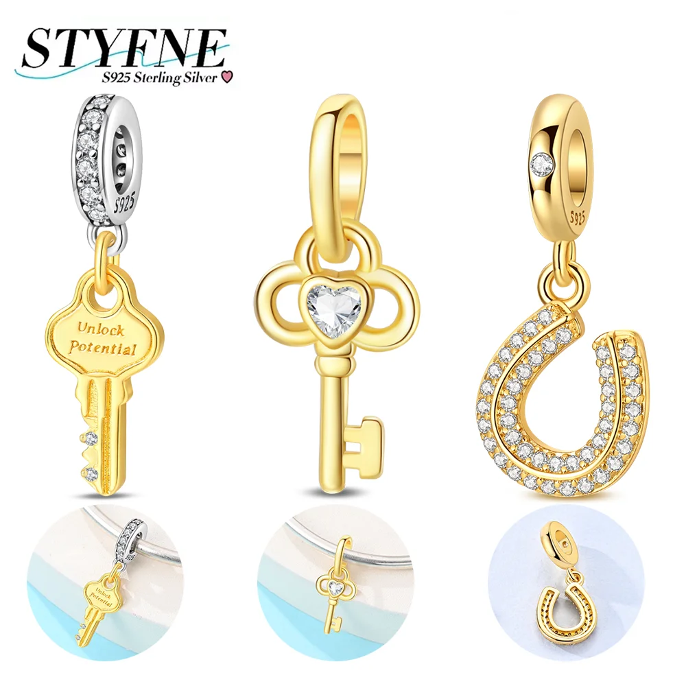 Breloques porte-bonheur en argent 925 avec zircon étincelant en forme de fer à cheval, perles pour bracelets, sacs, porte-clés, pendentifs, bijoux originaux pour femmes