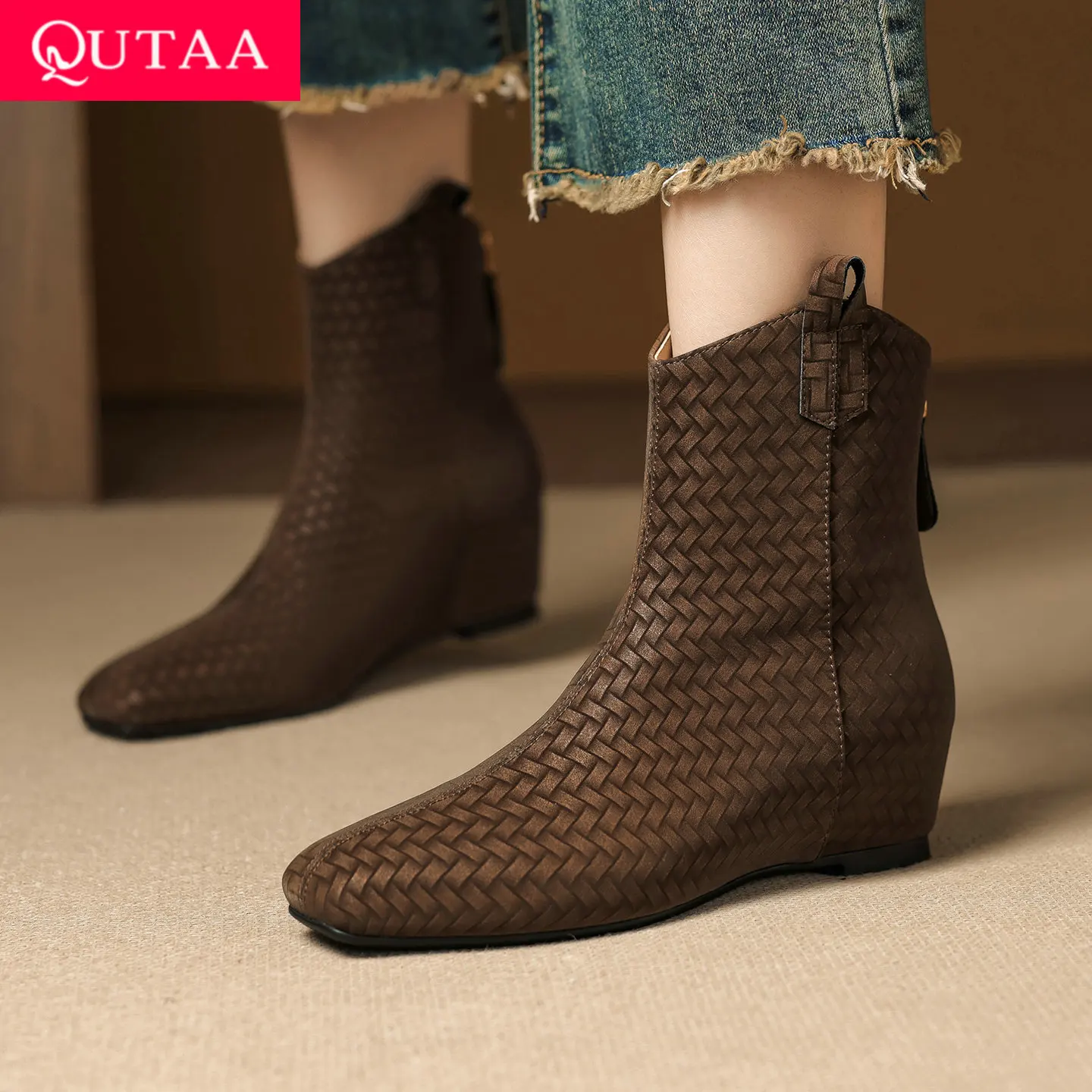

QUTAA Fashion Winter Women Ankle Boots Wedge High Heels Woven Square Toe Cow Leather Shoes News Sexy Autumn Short Boots 34-40
