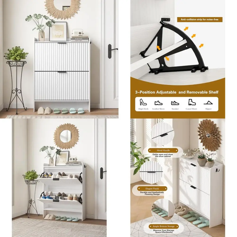 

Modern Fluted Narrow Shoe Storage Cabinet with 2 Flip Drawers - Entryway Organizer Rack Anti-Tilt Design