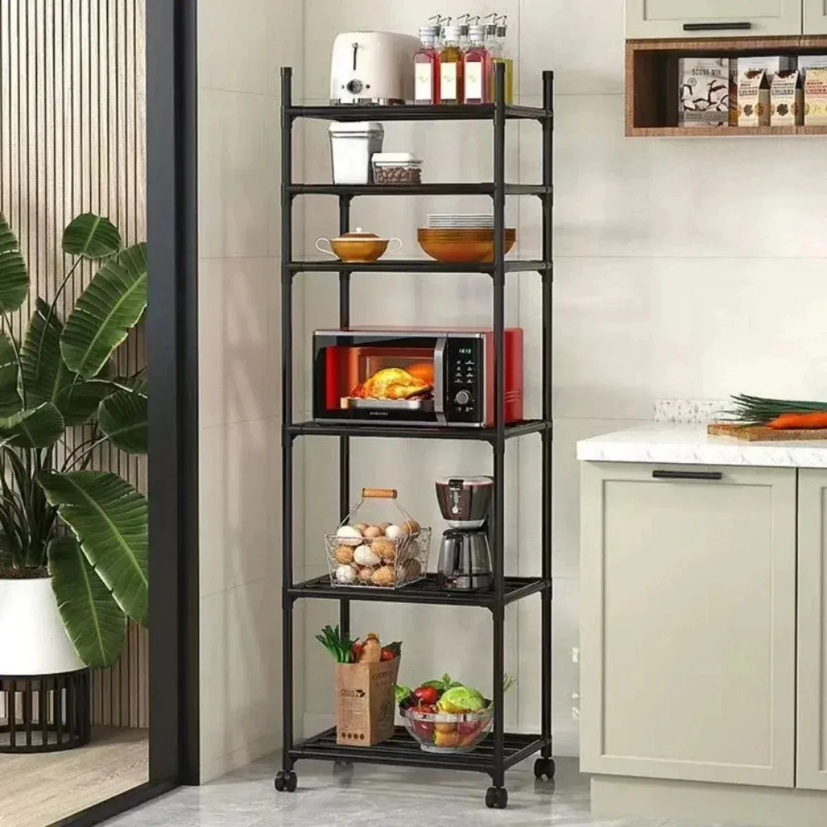 Multilevel Kitchen Storage Rack with Pulleys Storage Kitchen Rack Panel Microwave Floor Rack for Tool Household Carts Shelf