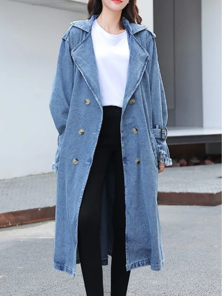 Manteau semi-long en denim bleu avec ceinture pour femme, coupe-vent effiloché, manches longues, vintage, décontracté, printemps, automne, 2023