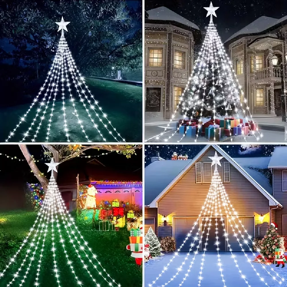 Solar Powered Decorative Star Waterfall Lights 8 Modes IP67 Waterproof Outdoor Party Ambient String Lights Xmas Tree Decor