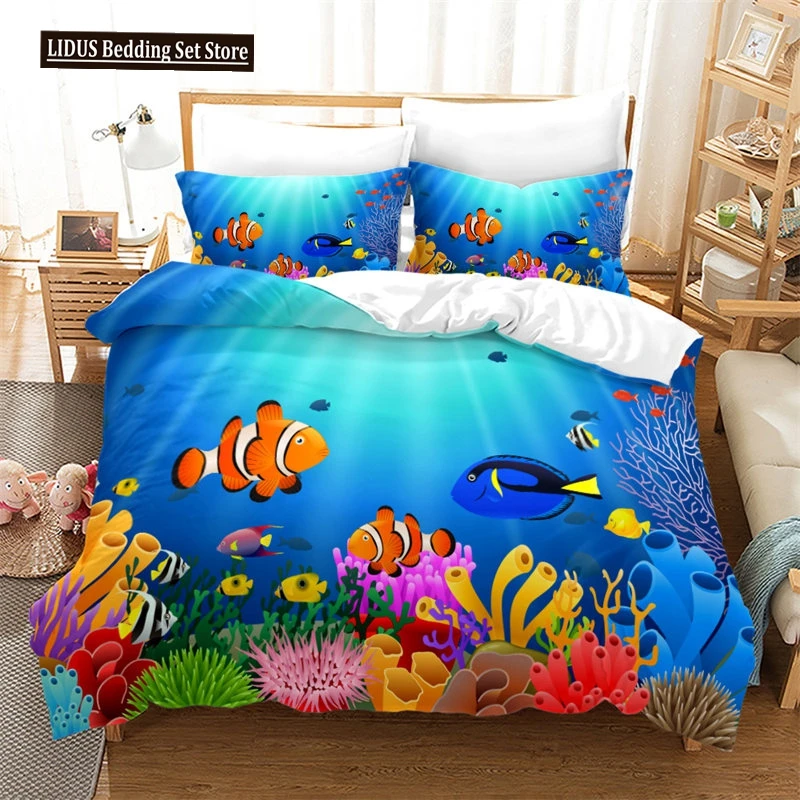 Cartoon Ocean Fish Duvet Cover Microfiber Marine Theme Bedding Set Sea Underwater World Quilt Cover Queen For Boys Girls