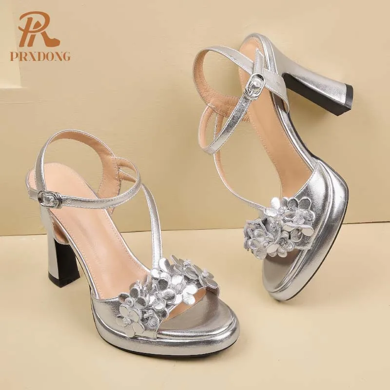 PRXDONG 2024 New Elegant Genuine Leather Summer Sandals For Women Chunky High Heels Platform Silver Beige Party Wedding Shoes