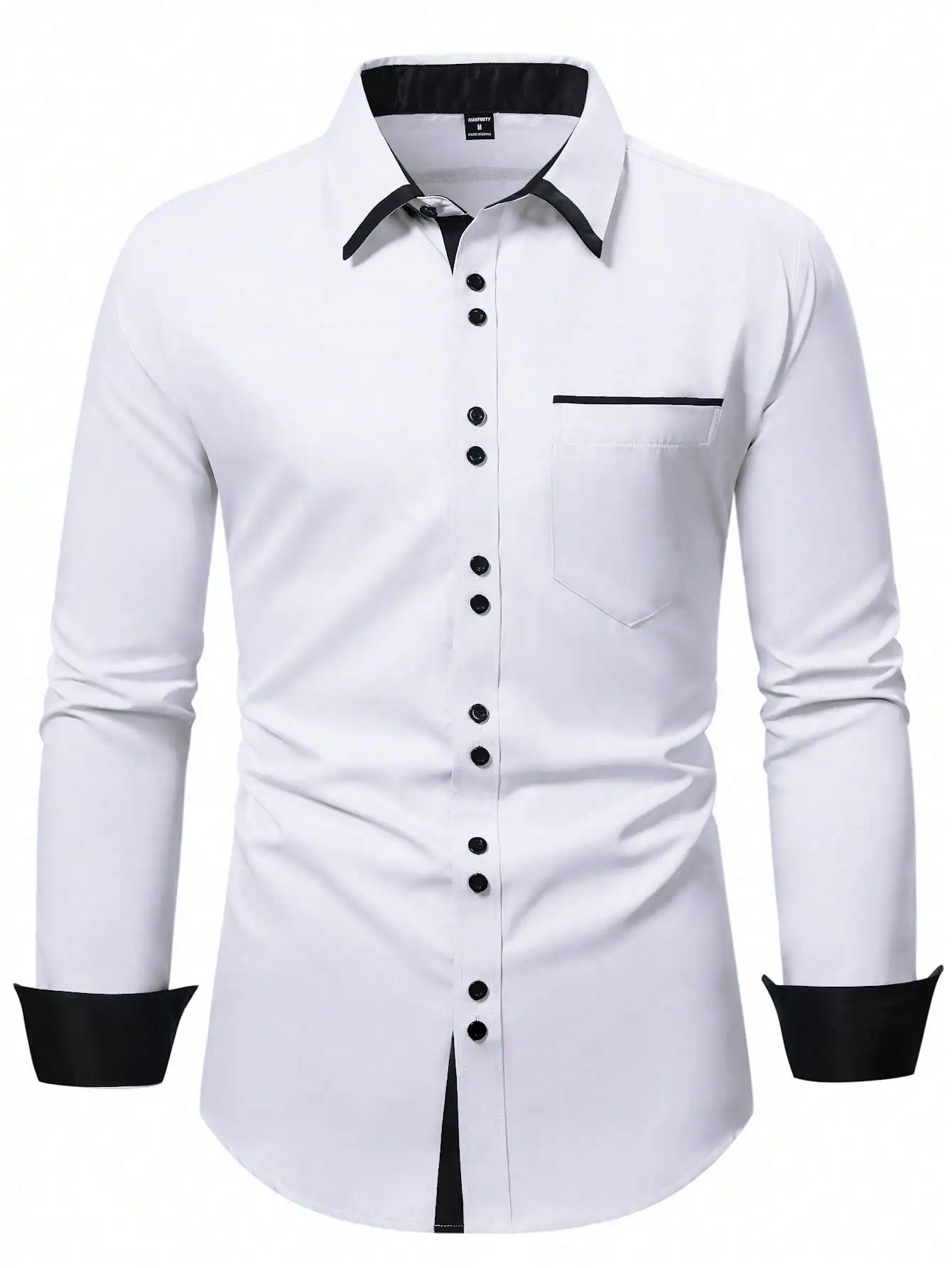 

Men's White Long Sleeve Casual Shirt with Black Trim and Front Pocket