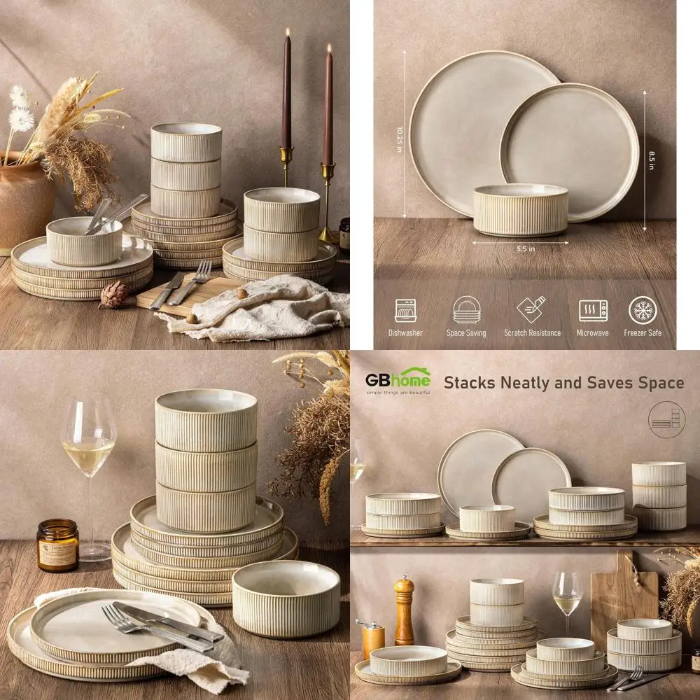 

12-Piece Stoneware Dinnerware Set, Ribbed Plates & Bowls, Scratch-Resistant, Microwave & Dishwasher Safe, Reactive Glaze Finish
