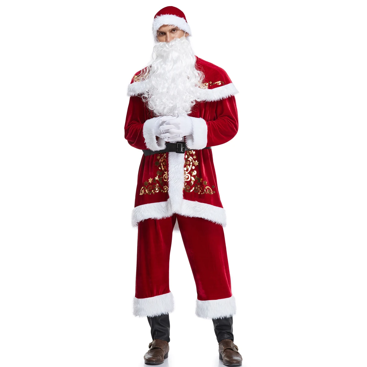 

Xmas Santa Claus Suit Adult Christmas Cosplay Costume Red Deluxe Velvet Fancy 7pcs Set Xmas Party Man Costume S-XXL