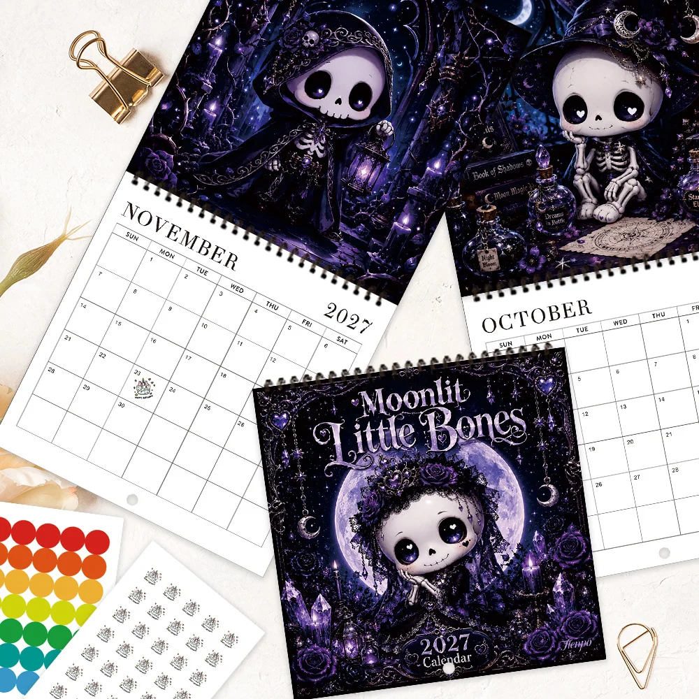 1pc 2027 Dark Cute  Wall Calendar,12‑Month Planner,Gift For Back‑to‑School,Christmas,New Year,Free Stickers Included