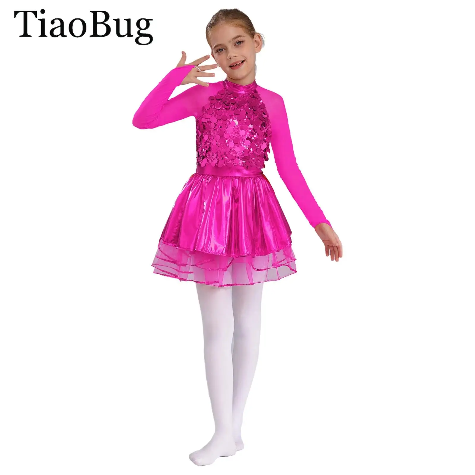 

Girls Sparkling Sequin Metallic Jazz Ballet Tutu Dress Long Sleeves Sheer Mesh Modern Skating Gymnastics Leotard Dresses
