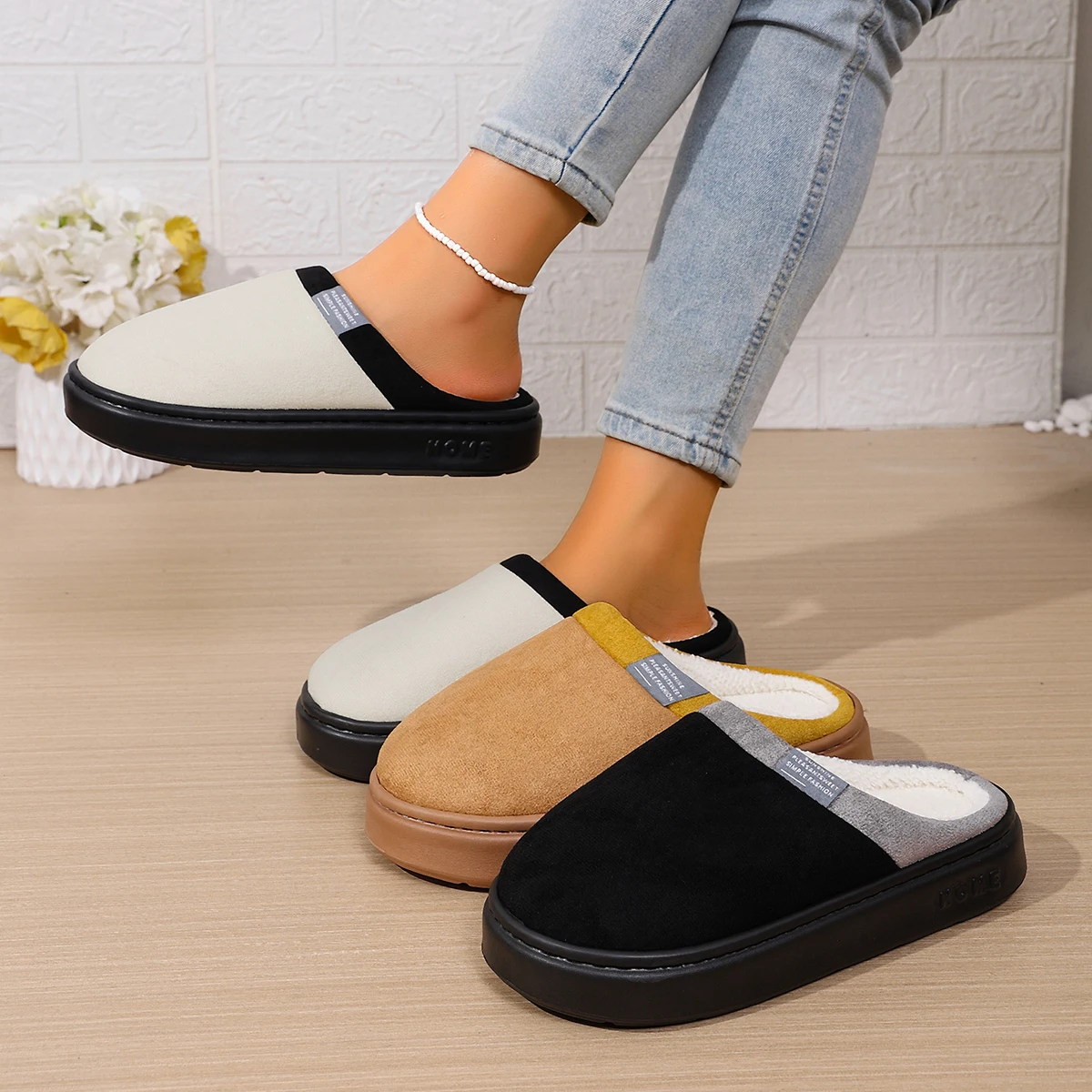 Women's Versatile Commuter Style Colorblock Faux Suede Closed Toe Fuzzy Slippers, Thick Elevated Platform Non-Slip Warm Indoor O