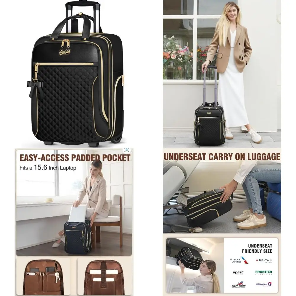 

Lightweight Softside Underseat Carry-On Luggage with Wheels, Airline Approved Personal Item Suitcase featuring Multiple Compartm
