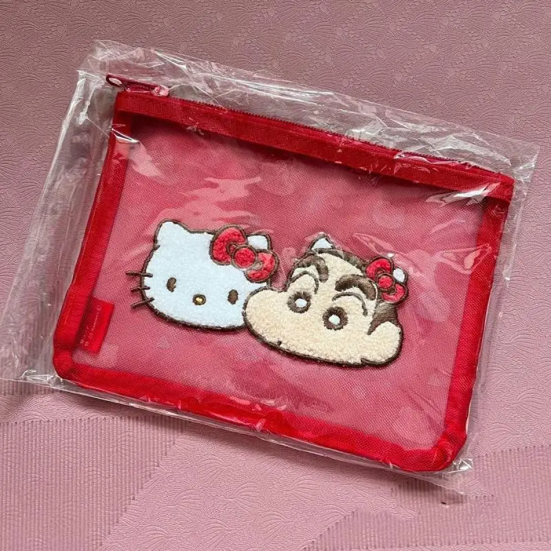 Sanrio Kawaii Crayon Shin-Chan Hellokitty Cosmetic Bag Coin Purse Storage Bag Mesh Pvc Transparent Cartoon Birthday Gift For Kid