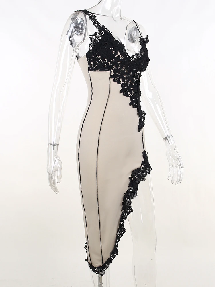 แปลก Puss เซ็กซี่ลูกไม้ชุดเดรสปาร์ตี้ผู้หญิงลึก V คอไม่สม่ำเสมอ Chic Patchwork Skinny Maxi Bodycon Midnight ยืด Clubwear