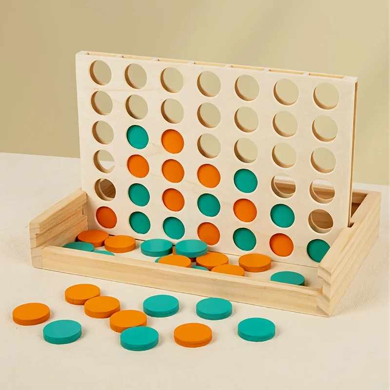 Juego de mesa de madera de 4 en fila: juego de estrategia apto para viajes para 2 jugadores, juego plegable portátil y divertido familiar clásico