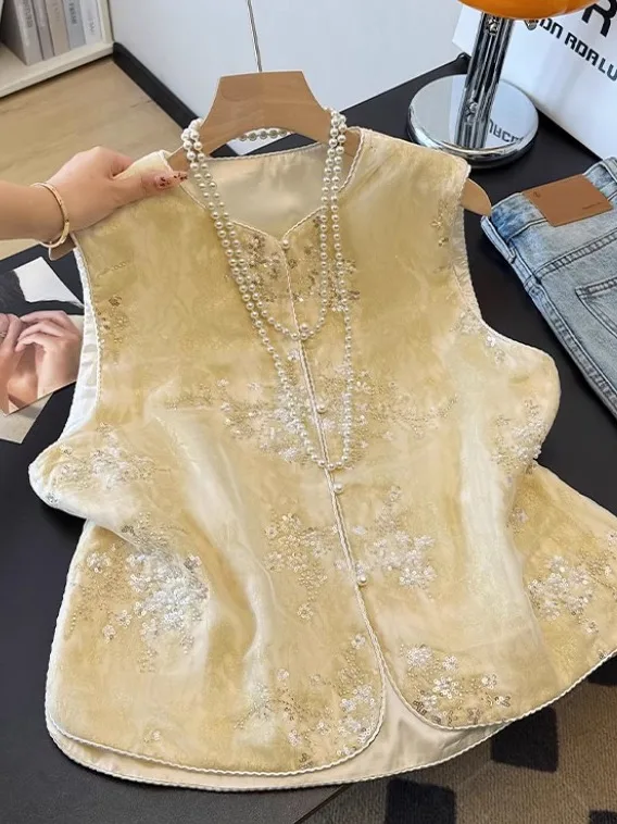 

Ele Chinese Sle Versatile Svel round Ne Tank Top Women's Faion Autumn Thiened Commute Sle Button Design