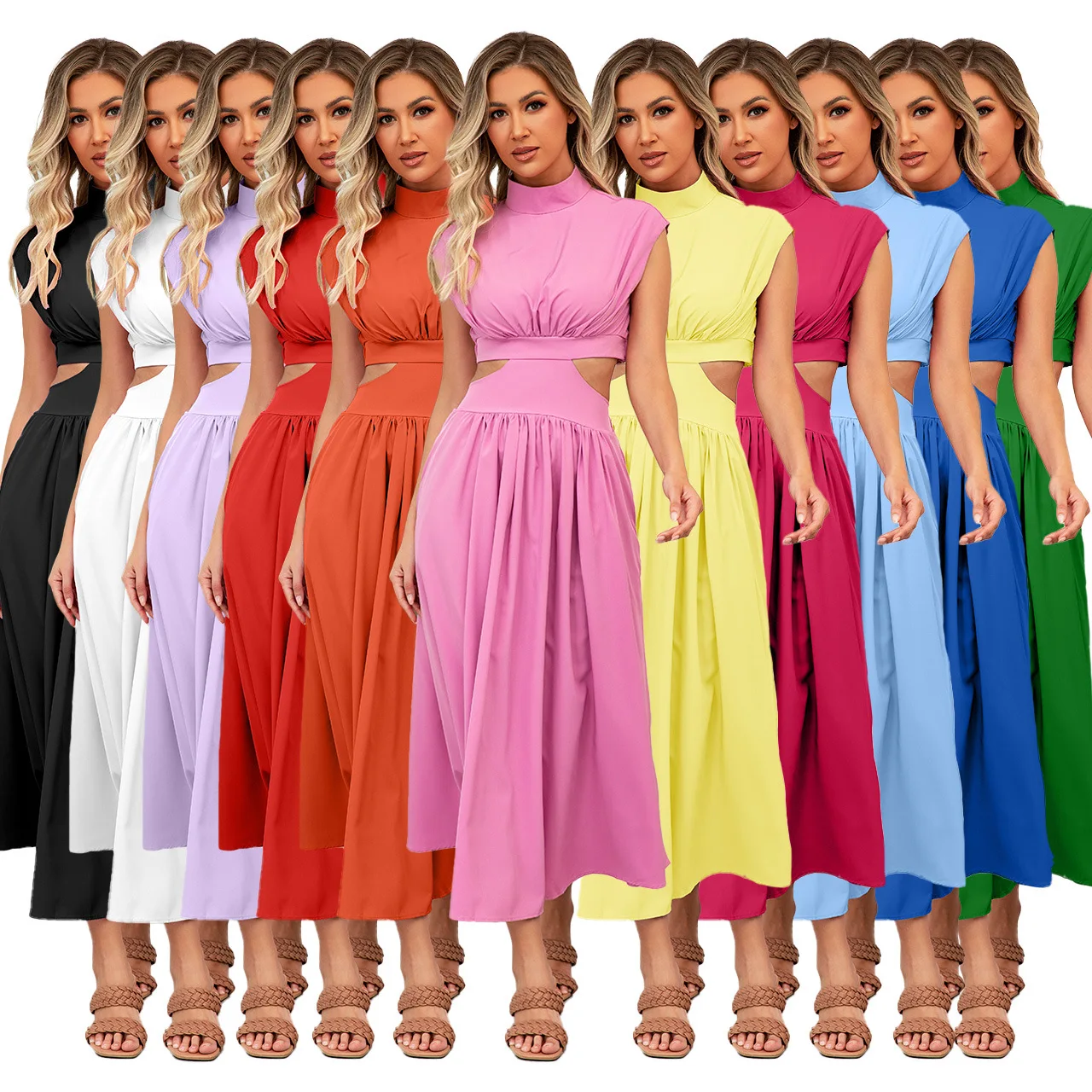 

Summer Sweet Fashion Stand-Up Collar Macaron Waist Long Dress