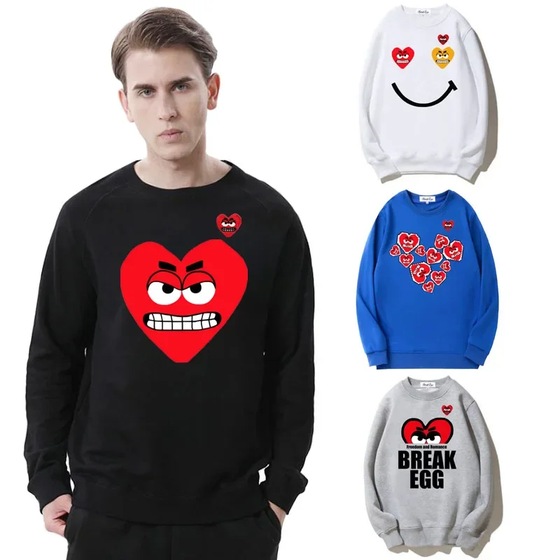 Break Egg Men Sweater Cotton Red Cute Snag Heart Embroidery Colorful Heart Print Fleece O-Neck Pullover Loose Autumn Hoodie