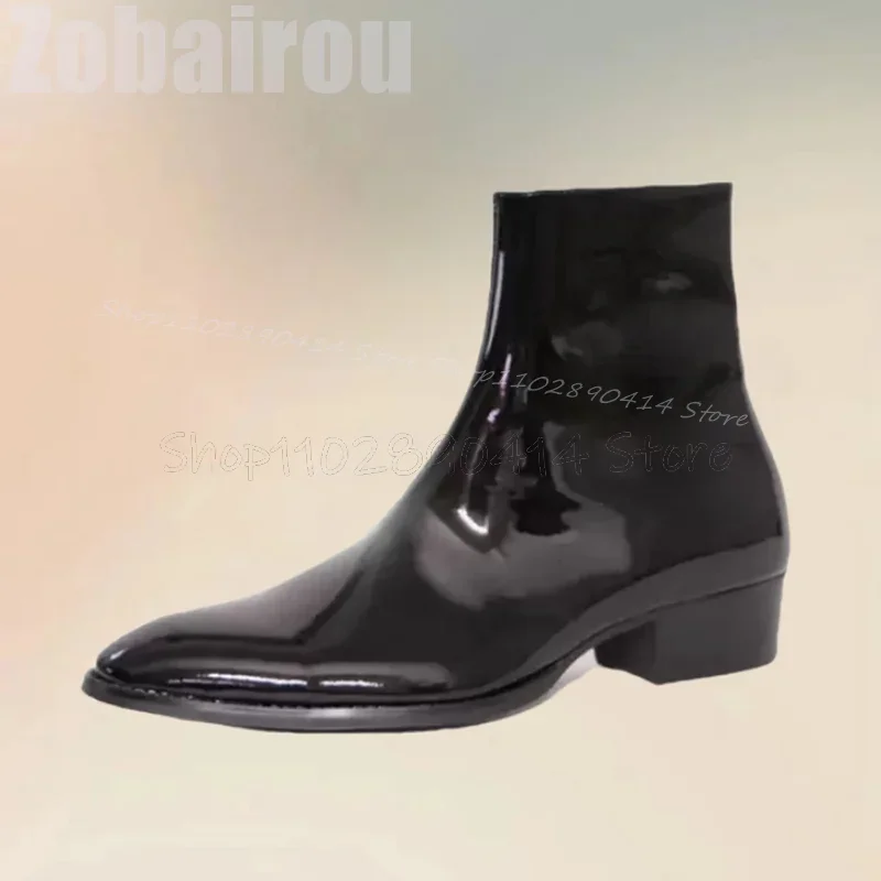 Black Patent Leather Mid Calf Chelsea Boots Fashion Side Zipper Men Boots Luxurious Handmade Party Feast Office Men Dress Shoes