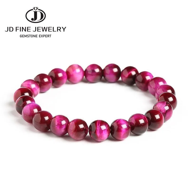 JD Natural Fuchsia Tiger Eye Stone Minerals Round Loose Beads Jewelry  Good Lucky Elastic Bracelet New Year Gift