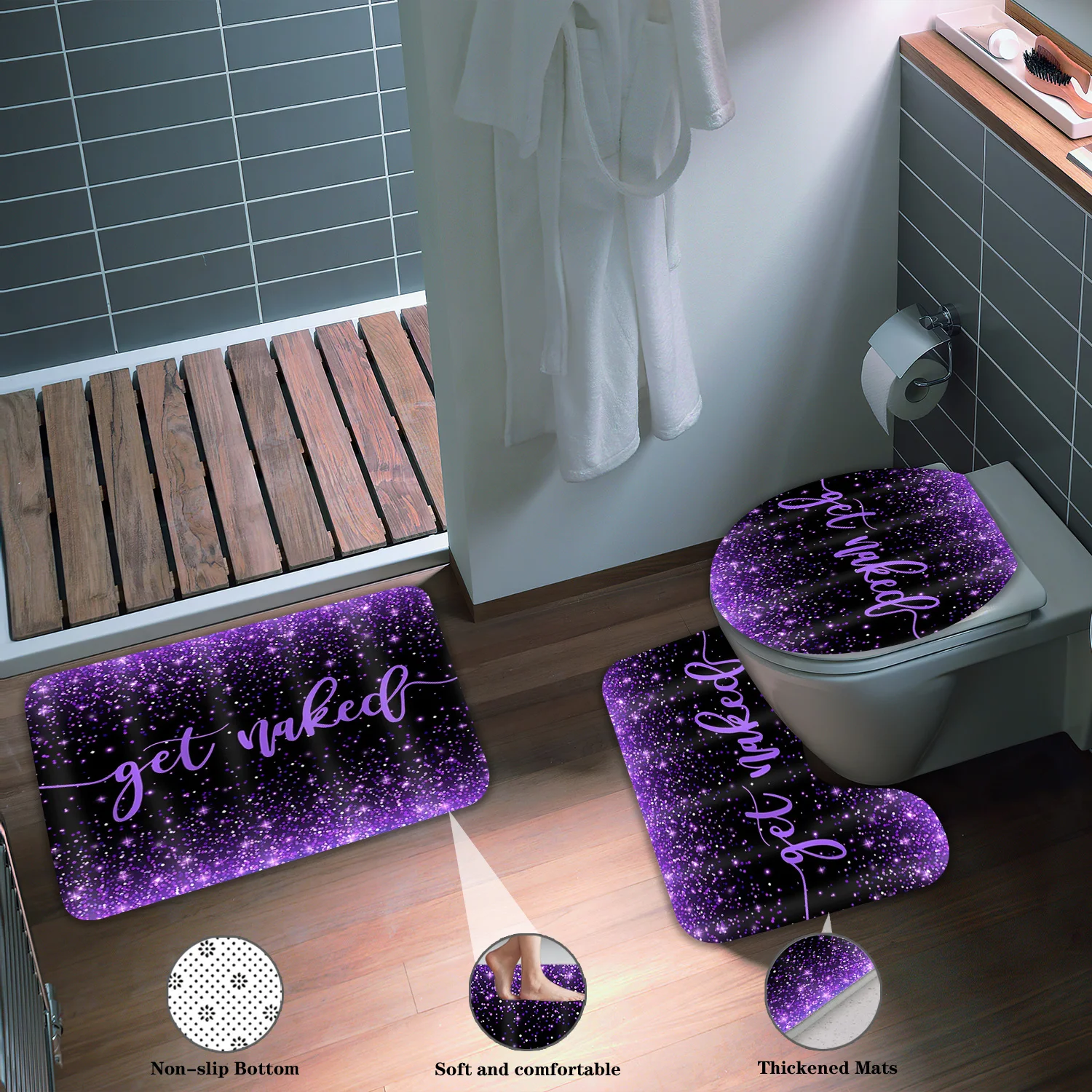 

Комплект из 3-х ковриков для ванной Get Naked Purple Starry Print: толстые, мягкие, впитывающие, противоскользящие коврики для ванной, чехол для унитаза, декор для дома
