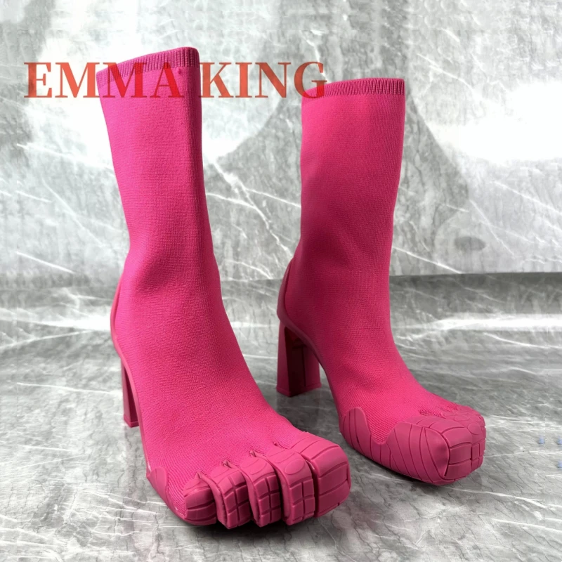 Hot Pink Five Finger Toe Sock Boots, Trendy Stretch Knit Mid‑Calf Booties for Women, Unique Design Block Heel Elastic Boots