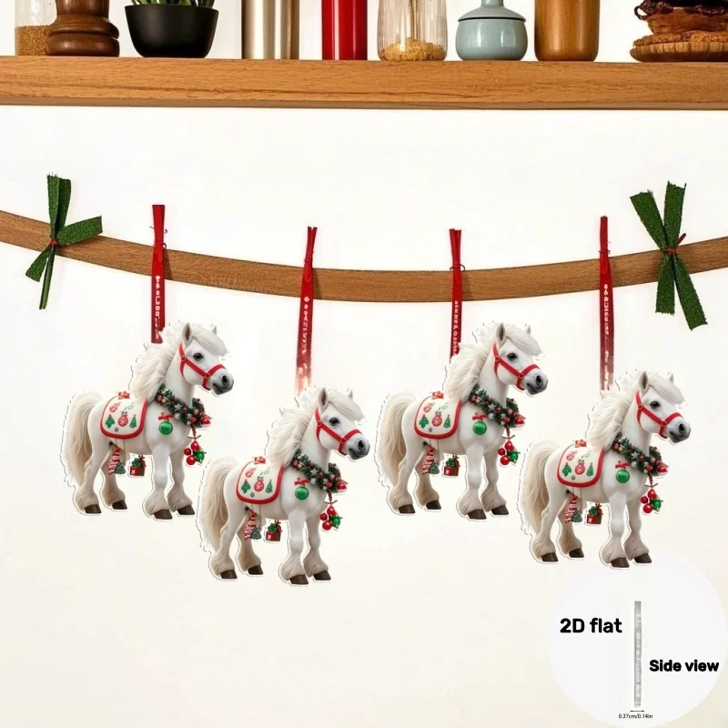 2D Christmas Dashing White Horse Pendant Acrylic Ornament Festive Holiday Decoration for Indoor Outdoor Trees Party Accessories
