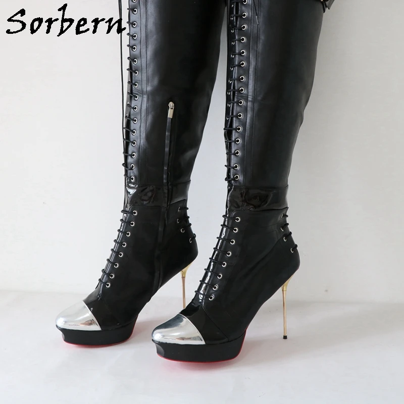 Sorbern Plus Size 14Cm Boots Unisex 32Cm Feet Length Over The Knee Black Matt Platform Shoes Metal High Heel Custom Wide Fit