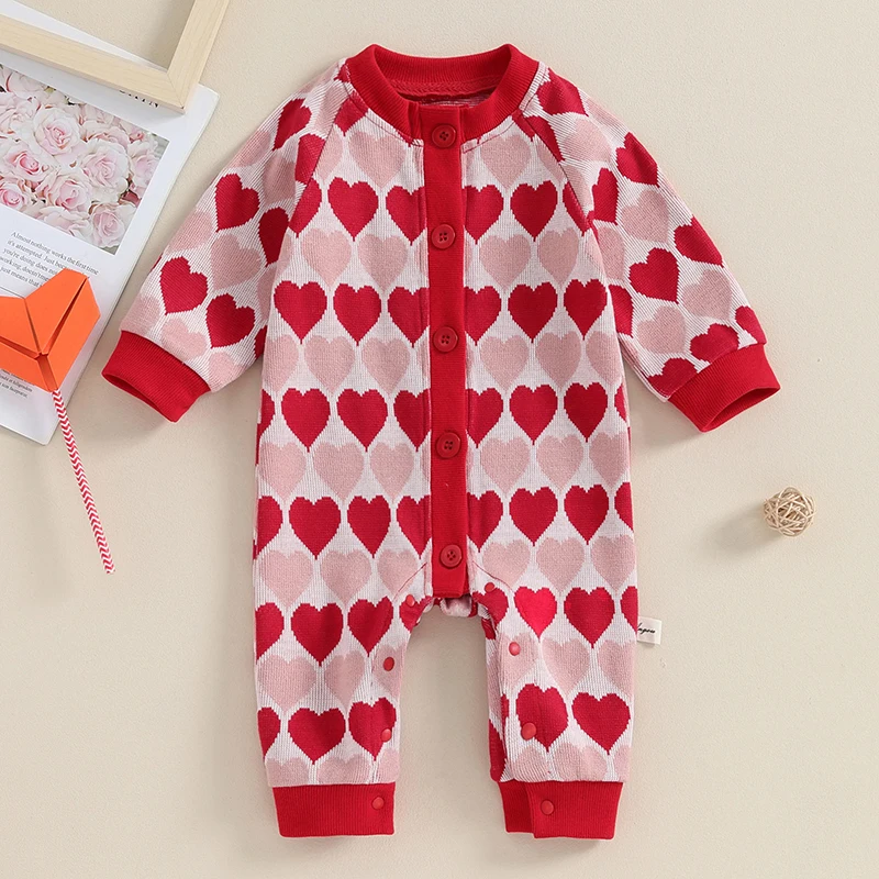 0-24Months Newborn Baby Girl Valentine’s Day Rompers Casual Long Sleeve Button Down Heart Print Jumpsuit Sweater Bodysuit