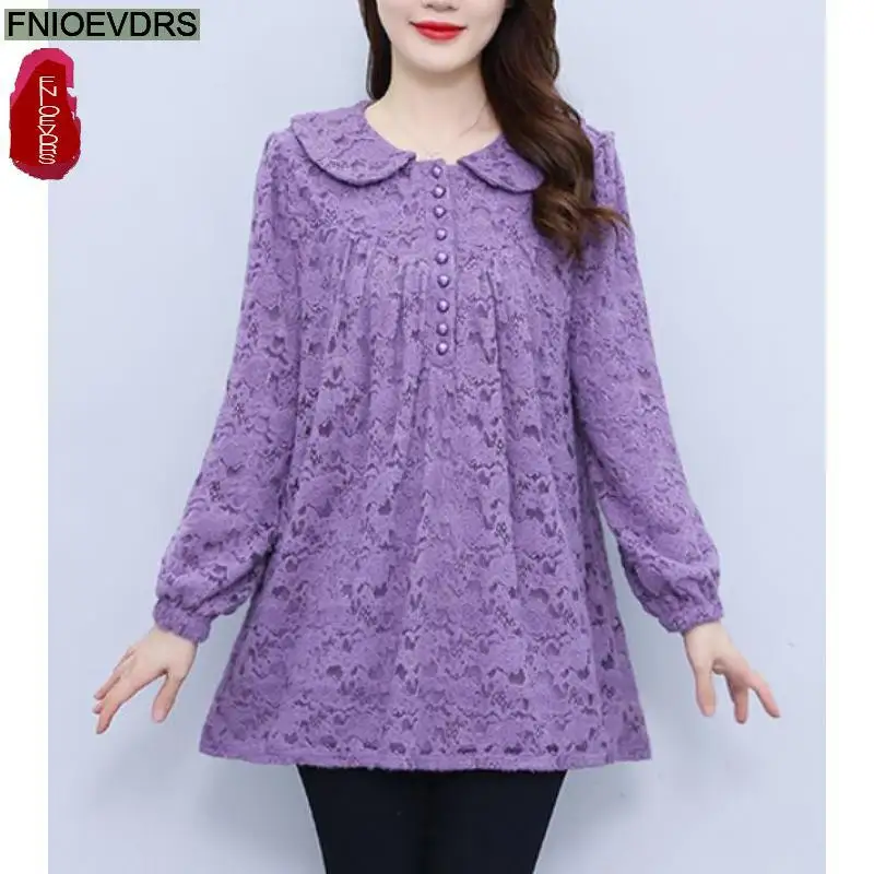 L-5XL Loose Clothes 2023 Women Autumn Elegant Basic Shirts Retro Black Purple Hollow Out Lace Floral Peter Pan Collar Top Blouse