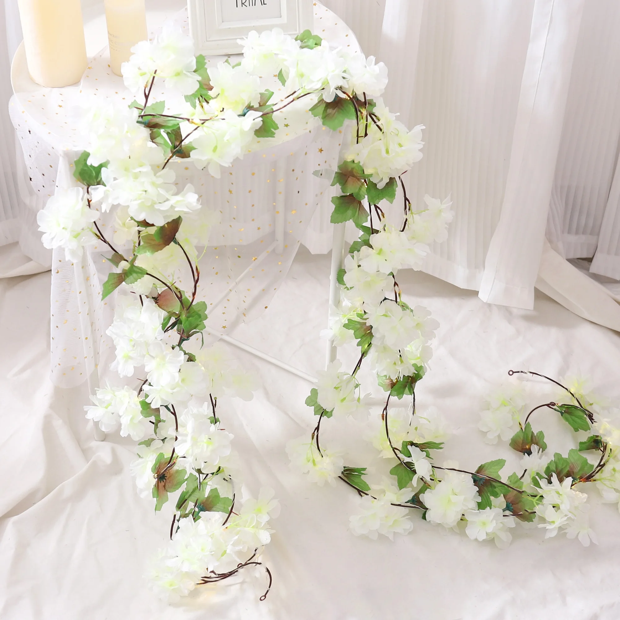 230 cm Kirschblüten-Kunstblumen, Sakura-Girlande, Hochzeitsbogen, Hintergrund, Garten, Zuhause, Party, Dekoration, Seide, gefälschte Pflanzen, Ranke – Detail 7