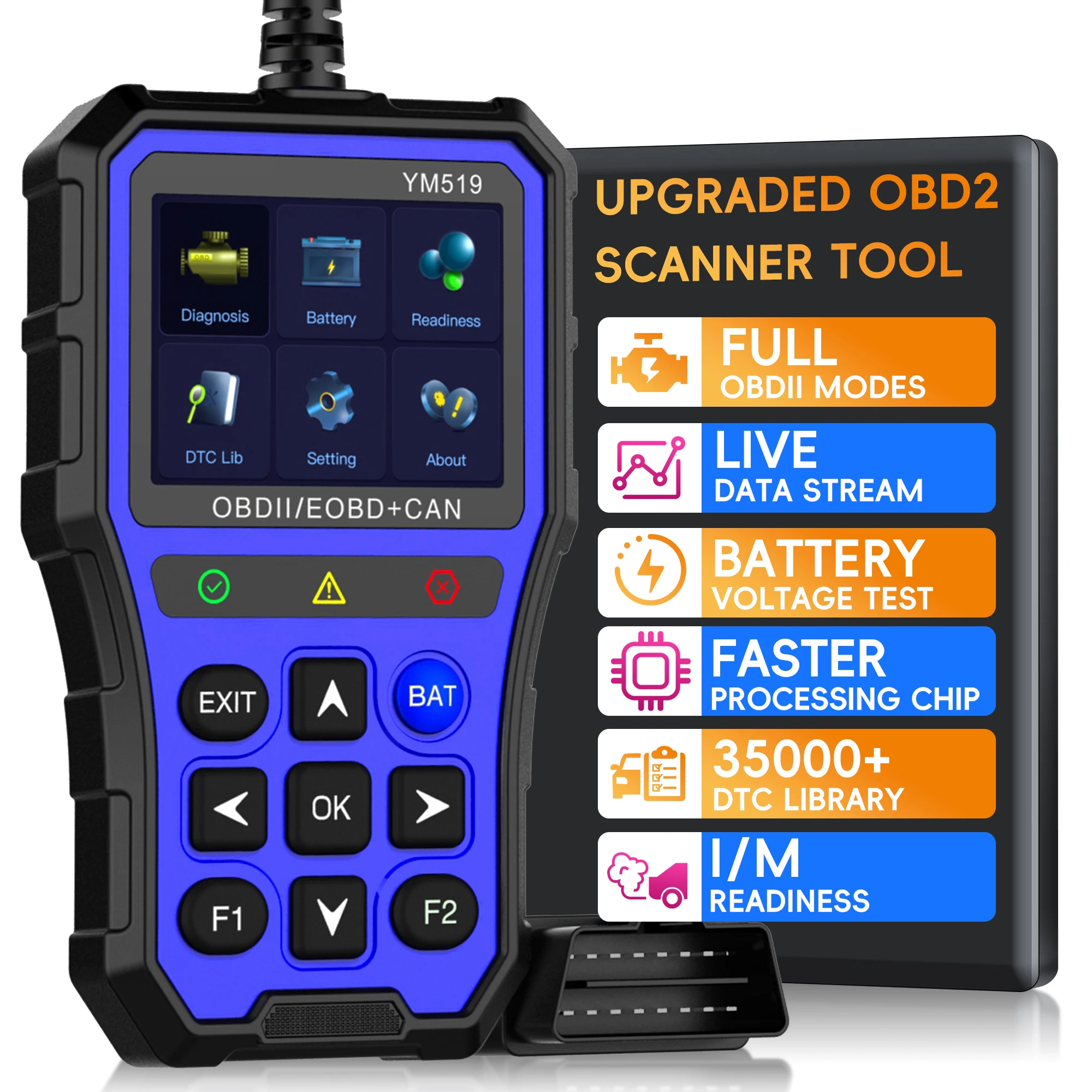 obd2スキャナー診断ツール、チェックエンジンライトリーダー付きカーコードリーダー、ライブデータ、i-mレディネス、バッテリー電圧テスト
