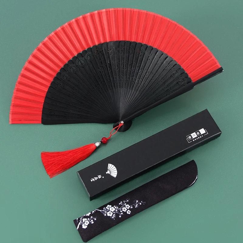 Chinese Red Dance Fan Exquisite Gift Box Fans Gift to Friends Wedding Hand Fan Summer Cool Hand Fan Convenient Home Daily Fan