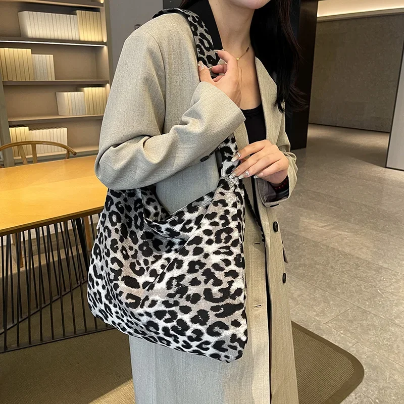 LEFTSIDE Cloth Leopard Shopper Shopping Underarm Bags Lady Large Shoulder Bag for Women 2024 Winter New Trend Y2K Handbags