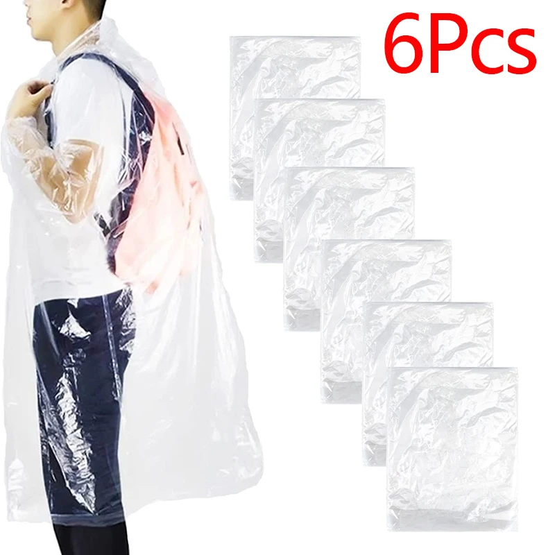 6pcs Clear Adult Raincoat Disposable Emergency Waterproof Rain Coat Travel Camping Rainwear Clothes Covers Hood Rain